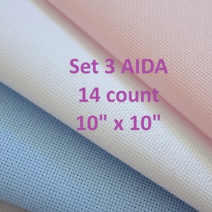 Set 3 AIDA Fabric Cut - Colors: Blue, Pink and White - Each Cut is  10&quot; x 10&quot; / Cross Stitch Fabric / 14ct AIDA Fabric