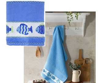 Kitchen Towel to Cross Stitch (45cm x 70cm) Color Blue Fish Themed by Dohler Picnic/  Towel to Cross Stitch, Blue Kitchen Towel