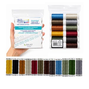 May include: A selection of Sulky 12 Wt. Cotton Petites thread spools for cross stitch and embroidery. The image displays a range of colours, such as gold, black, brown, grey, red, and blue. The packaging includes the text "Perfect For Cross Stitch, Needlepoint & Hand Embroidery."