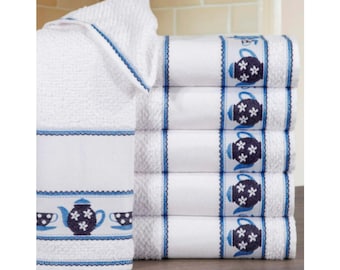 AIDA Cross Stitch Kitchen Towel - White Cotton, Embroidered Teapot