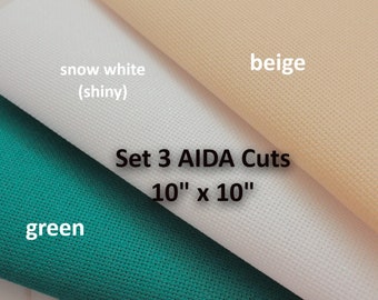 14ct AIDA Fabric Set – 10" Cotton Cross Stitch Cuts, Beige, Green, White