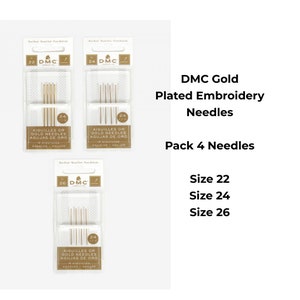 DMC Gold (24K) Plated Tapestry Needles Sizes Available 22, 24, 26 - Pack 4 Needles Size of your choice, Gold Plated Tapestry Needles