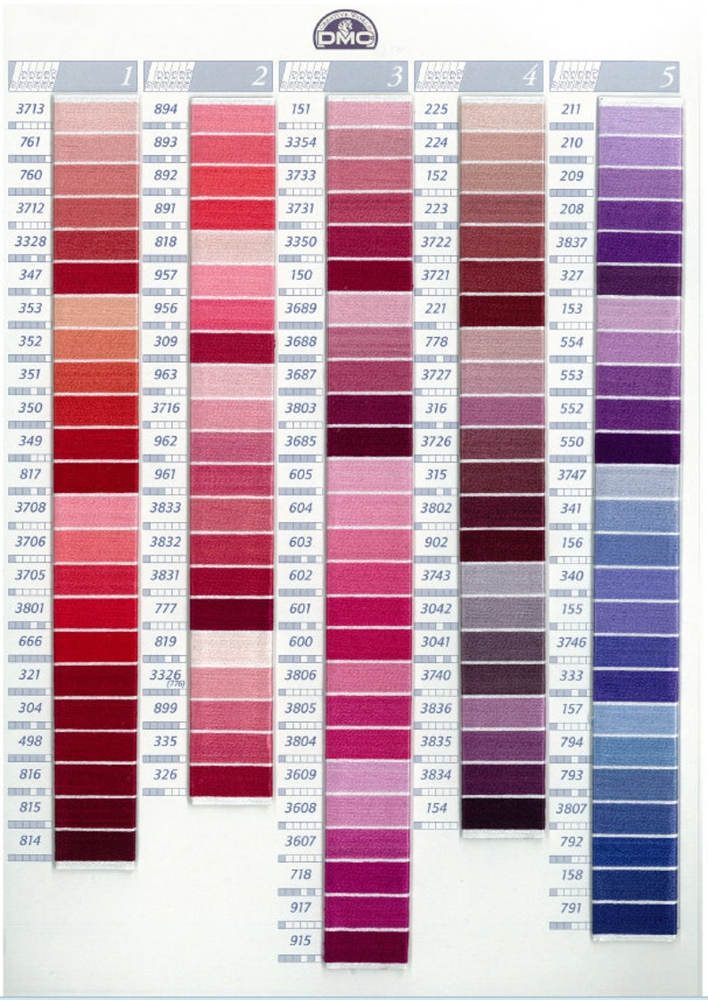 May include: A color chart from DMC featuring a wide range of embroidery floss shades. The chart displays numbered color swatches in various hues of pink, red, purple, and blue, ideal for cross-stitch and needlepoint projects.