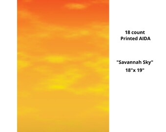 May include: Aida fabric with a printed sunset sky design. The fabric is 18 count and measures 18 inches by 19 inches. The fabric is called "Savannah Sky".
