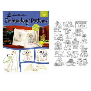 May include: Aunt Martha's Playful Puppies #409 embroidery pattern packet featuring iron-on transfers. The cover displays embroidered dog designs on white fabric, while the right side shows black and white line art illustrations of various puppies.