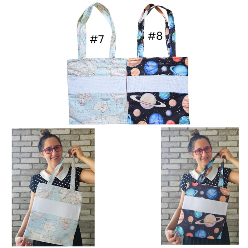 May include: Two tote bags with different designs. One bag has a world map print and the other has a galaxy print with planets. Both bags have a white stripe across the middle and the numbers #7 and #8 are written on the top of each bag.