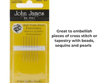 John James Ball Point Bead Embroidery Needles - Size 10 (pack 6 needles) or Size 3/7 (pack 10 needles)