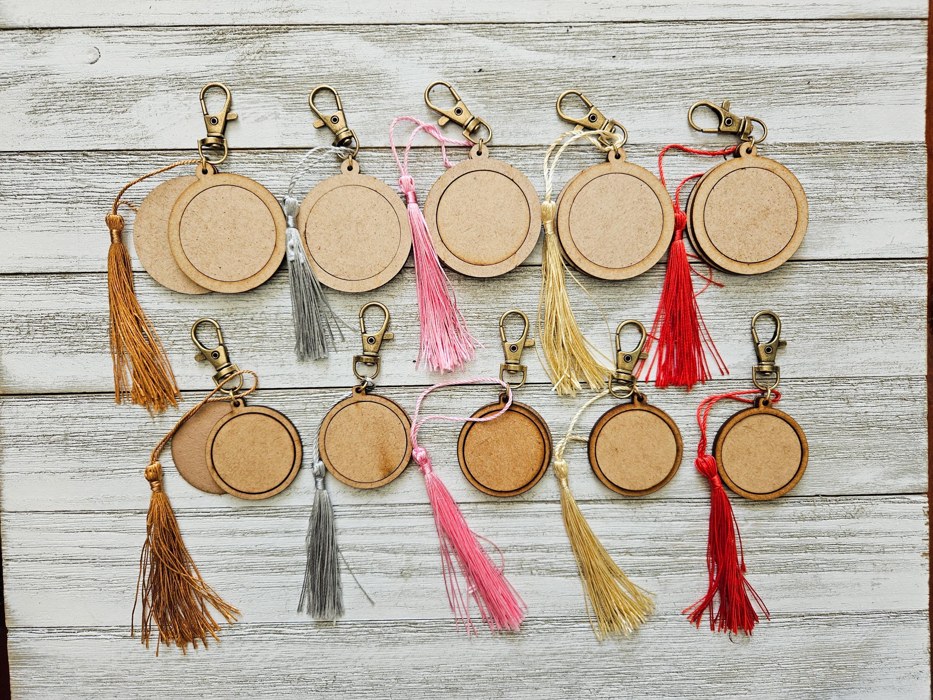 Pack 5x Wooden Embroidery Keychain Hoops With Satin Tassels