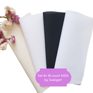 Set 4x AIDA 18 count by Zweigart - Each Cut Measures 10&quot;x10&quot; (Colors: Black, White, Opalescent White, Ivory)/ 18ct AIDA, Cross Stitch