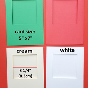 May include: Four cardstock paper mats in green, red, cream, and white with cut-out windows. The green mat has the text "card size: 5" x 7" ". The cream mat has the text "3 1/4" (8.3cm)".