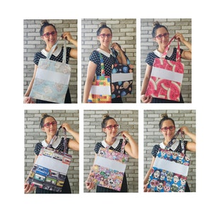 May include: Six tote bags with different designs. Each bag has a white panel in the middle. The designs include a world map, a colorful block pattern, a space theme, watermelon slices, cassette tapes, and a skull and flower pattern.