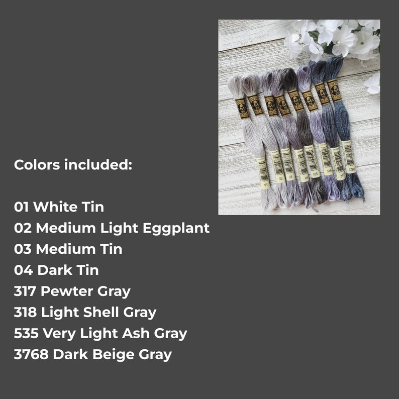 May include: A collection of eight embroidery floss spools in shades of gray, white, and light purple. The spools are labeled with DMC numbers: 01, 02, 03, 04, 317, 318, 535, and 3768. The colors included are: White Tin, Medium Light Eggplant, Medium Tin, Dark Tin, Pewter Gray, Light Shell Gray, Very Light Ash Gray, and Dark Beige Gray.