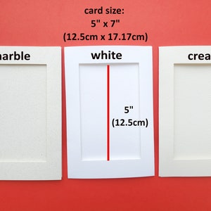 May include: Three 5x7 inch cardstock sheets in marble, white, and cream colors. The card size is 5 inches by 7 inches, or 12.5 centimeters by 17.17 centimeters.