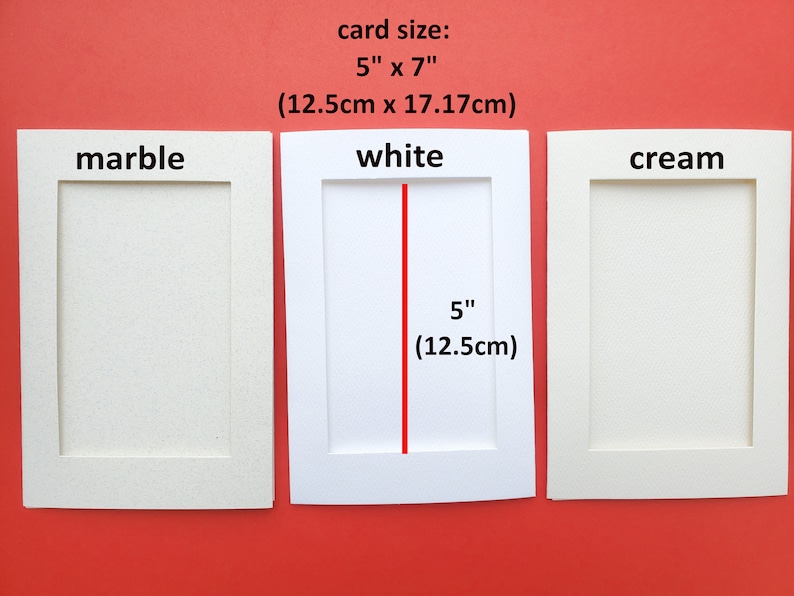May include: Three 5x7 inch cardstock sheets in marble, white, and cream colors. The card size is 5 inches by 7 inches, or 12.5 centimeters by 17.17 centimeters.