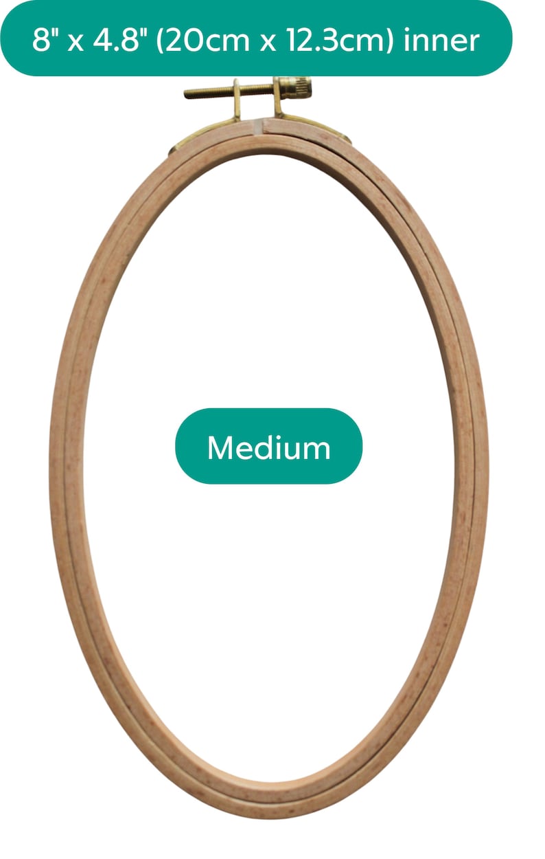 May include: A wooden embroidery hoop with a 8" x 4.8" (20cm x 12.3cm) inner diameter. The hoop is labeled "Medium".