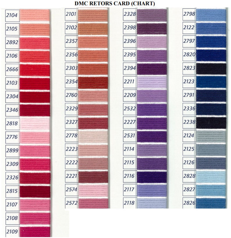 Pu&ograve; includere: DMC Retors Card (Chart) che mostra una cartella colori di filo per ricamo. La cartella comprende 10 colonne di 14 righe di colori di filo. I colori vanno dal rosa chiaro al blu scuro.