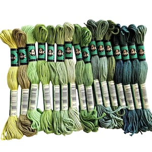 May include: A collection of DMC embroidery floss in various shades of green, from light yellow-green to deep teal. Each skein is labeled with a product number and the DMC logo. The floss is arranged in a neat, organized display.