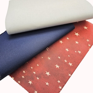 Set 3x AIDA 18 count by Zweigart and Fabric Flair -Each Cut Measures approx. 10&quot;x10&quot; (Colors Navy Blue, Cashmere Blue and Printed Red Stars)