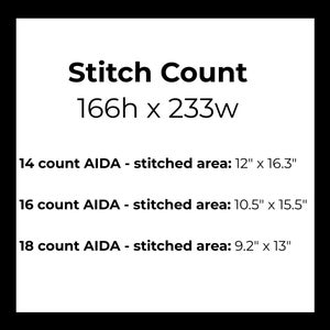 Peut inclure: Comptage des points pour un projet de point de croix, 166 points de haut par 233 points de large. La zone brod&eacute;e sur une toile Aida de 14 points est de 12 pouces par 16,3 pouces, sur une toile Aida de 16 points est de 10,5 pouces par 15,5 pouces, et sur une toile Aida de 18 points est de 9,2 pouces par 13 pouces.