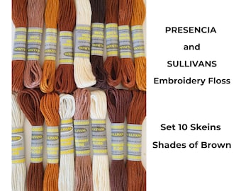 May include: Set of 10 skeins of embroidery floss in shades of brown. The floss is made by Presencia and Sullivans.