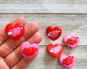 Pack 6 Buttons in a Heart Shape - Material Plastic - Shank Buttons/ Valentine's Day Embellishments/ Heart Buttons/ Heart Embellishments