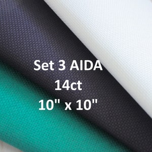 Set 3 AIDA Fabric Cut - Colors: Navy Blue, White and Green - Each Cut is  10&quot; x 10&quot; / Cross Stitch Fabric / 14ct AIDA Fabric