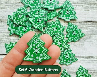 Pack 6x Wooden Christmas Tree Buttons, Christmas Embellishments, Christmas Button, Christmas Collection,Holiday Embellishments,Wooden Button