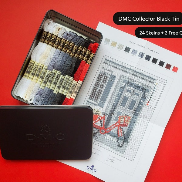 Boîte noire DMC Collector, 24 écheveaux + 2 grilles gratuites (117TIN21), fil à broder, fils point de croix, fil DMC, boîte métallique Étoile,