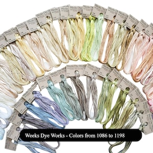 Puede incluir: Una colección de madejas de hilo de bordar Weeks Dye Works dispuestas en abanico, con un amplio espectro de colores del 1086 al 1198. Cada madeja está sujeta a una etiqueta de papel con el texto Weeks Dye Works y los nombres de los colores.