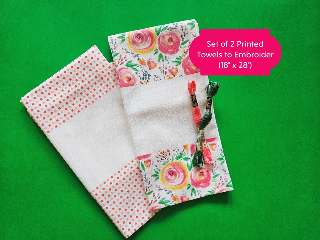 Set of 2 Printed Towels to Embroider 18 X 28 Floral/ Cotton Towels to