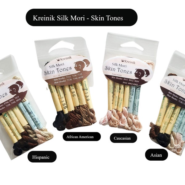 6x Silk Mori Skin Tones Surtido 2.5m cada madeja - Afroamericano / Asiático / Caucásico / Hispano, Kreinik Silk Thread, Kreinik Silk Mori