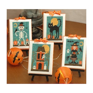 Halloween Cuties Kreuzstichmuster, kleiner Modernist, Hexe, Katze, Spukhaus, Skelett