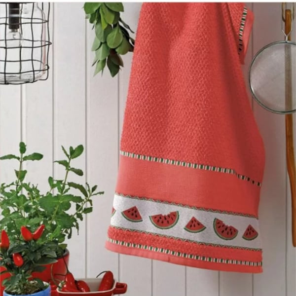 Cross Stitch Kitchen Towel (45cm x 70cm) 14 count - Color Coral with Watermelon - Picnic Dolher/ AIDA Towel, Towel to Cross Stitch