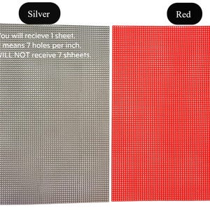 two sheets of material, one silver and one red, with text indicating the differences between the two.
