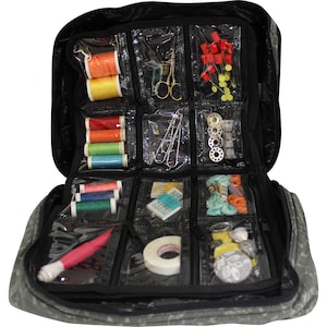 May include: A black zippered sewing bag with multiple clear compartments filled with various sewing supplies, including thread spools, needles, scissors, buttons, and tape.