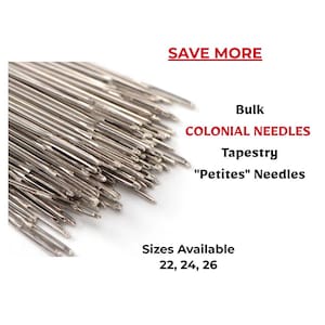 以下が含まれることがあります： 銀色のタペストリー針の山をクローズアップ。画像には「SAVE MORE」、「Bulk COLONIAL NEEDLES Tapestry 'Petites' Needles」、および「Sizes Available 22, 24, 26」というテキストが含まれています。