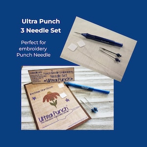 Peut inclure: Un ensemble de trois aiguilles à broder Ultra Punch bleues avec un livret d'instructions. Le livret présente un motif floral sur la couverture et le texte "Ultra Punch The Precision Adjustable Needle".
