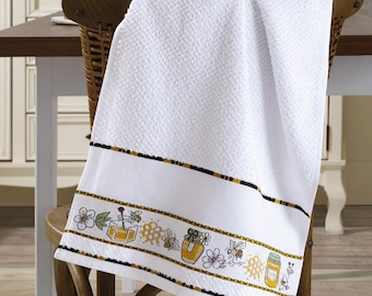 Cross Stitch Kitchen Towel (45cm x 70cm) 14 count Color White Bee Themed by Dolher Vigo/ AIDA Towel, Towel to Cross Stitch, Canvas Towel