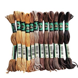 Può includere: Una collezione di fili da ricamo DMC in varie tonalità di marrone e beige. I gomitoli sono etichettati con codici prodotto e presentano una gamma di colori che vanno dal beige chiaro al marrone scuro, per ricamo.