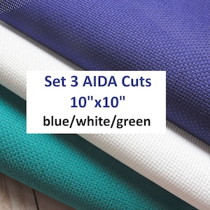 Set 3 AIDA Fabric Cut - Colors: Royal Blue, Green and White - Each Cut is  10&quot; x 10&quot; / Cross Stitch Fabric / 14ct AIDA Fabric