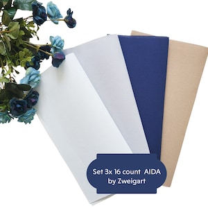 Set 4x AIDA 16 count di Zweigart - Ogni taglio misura 10"x10" (colori: peltro, sporco, blu ghiaccio, blu navy)/ AIDA 16ct, tessuto per punto croce