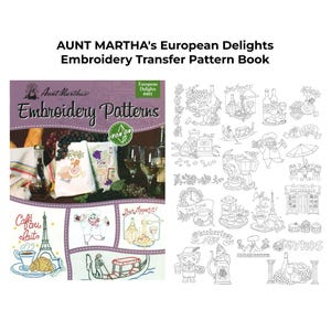 May include: Aunt Martha's European Delights embroidery transfer pattern book. The cover features a purple and white design with the words "Embroidery Patterns". The book includes various European-themed embroidery patterns.