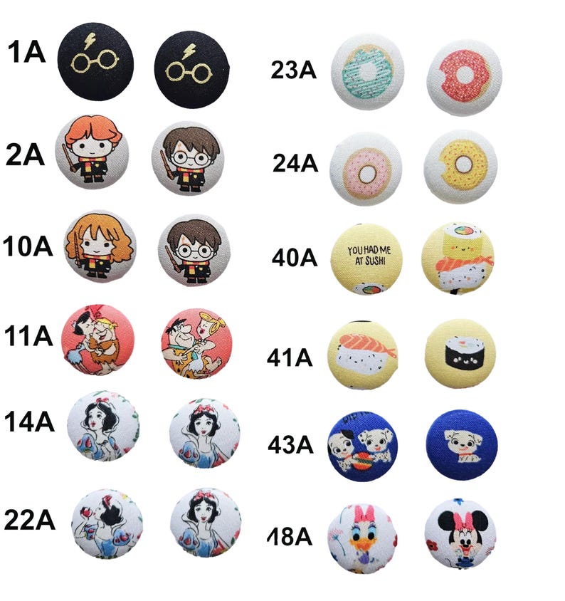 a collection of 16 different buttons, each with unique designs and characters printed on them. The buttons are arranged in a grid with 4 rows and 4 columns, showcasing a variety of styles and themes.