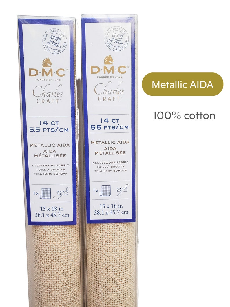 Pode incluir: Dois rolos de tecido AIDA met&aacute;lico para bordar, 38,1 x 45,7 cm, 14 count, 5,5 pontos/cm. A embalagem apresenta o texto "DMC Charles Craft" e "AIDA met&aacute;lico 100% algod&atilde;o".