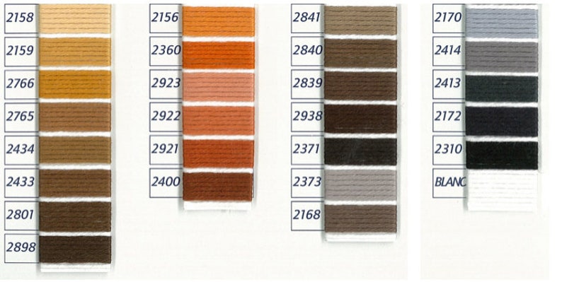 Pu&ograve; includere: Una cartella colori con file di campioni di filo in varie tonalit&agrave; di marrone, arancione, grigio e nero. I campioni di filo sono etichettati con numeri, tra cui 2158, 2156, 2159, 2360, 2766, 2923, 2765, 2922, 2434, 2921, 2433, 2400, 2801, 2898, 2841, 2170, 2840, 2414, 2839, 2413, 2938, 2172, 2371, 2310 e BLANC.
