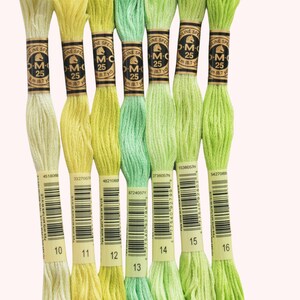 Peut inclure: Six bobines de fil &agrave; broder DMC dans des tons de jaune, vert et vert clair. Les bobines sont &eacute;tiquet&eacute;es avec le num&eacute;ro DMC et la longueur du fil en m&egrave;tres et en yards. Les bobines sont dispos&eacute;es en rang&eacute;e de gauche &agrave; droite, avec la teinte de jaune la plus claire &agrave; gauche et la teinte de vert la plus fonc&eacute;e &agrave; droite.