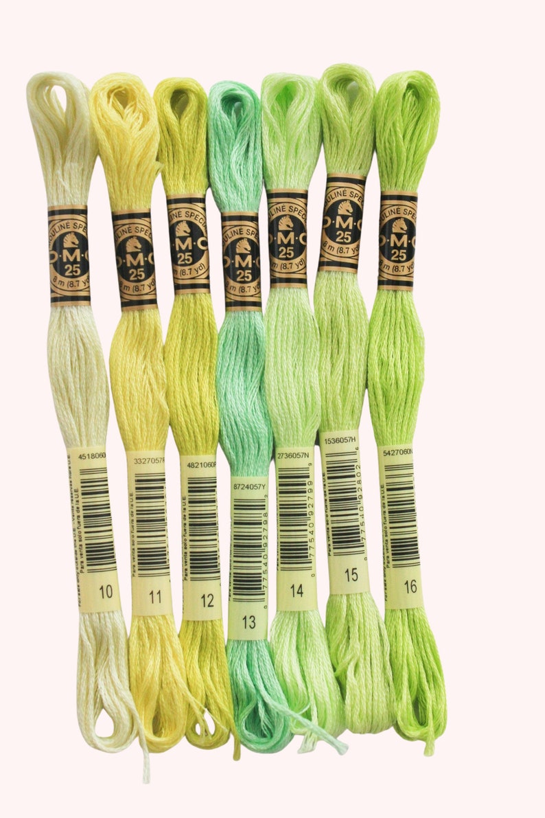 Peut inclure: Six bobines de fil &agrave; broder DMC dans des tons de jaune, vert et vert clair. Les bobines sont &eacute;tiquet&eacute;es avec le num&eacute;ro DMC et la longueur du fil en m&egrave;tres et en yards. Les bobines sont dispos&eacute;es en rang&eacute;e de gauche &agrave; droite, avec la teinte de jaune la plus claire &agrave; gauche et la teinte de vert la plus fonc&eacute;e &agrave; droite.