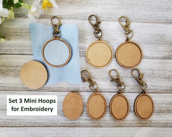 3 Mini Wooden Embroidery Hoop Keychain with Backing Cover (Set of 3) - Available in Circle or Oval Shape