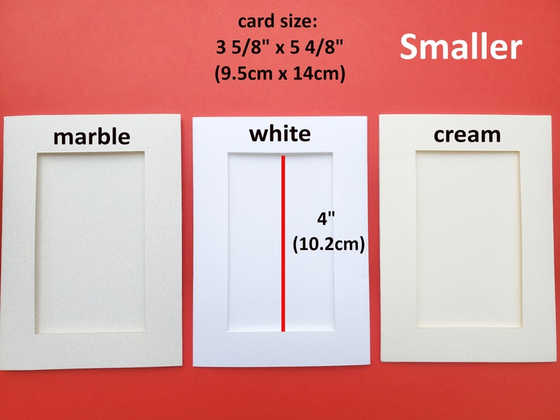 May include: Three cardstock mat boards in different colors: marble, white, and cream. Each mat board has a 4 inch (10.2 cm) opening for a photo or card. The card size is 3 5/8 inches by 5 4/8 inches (9.5 cm by 14 cm).