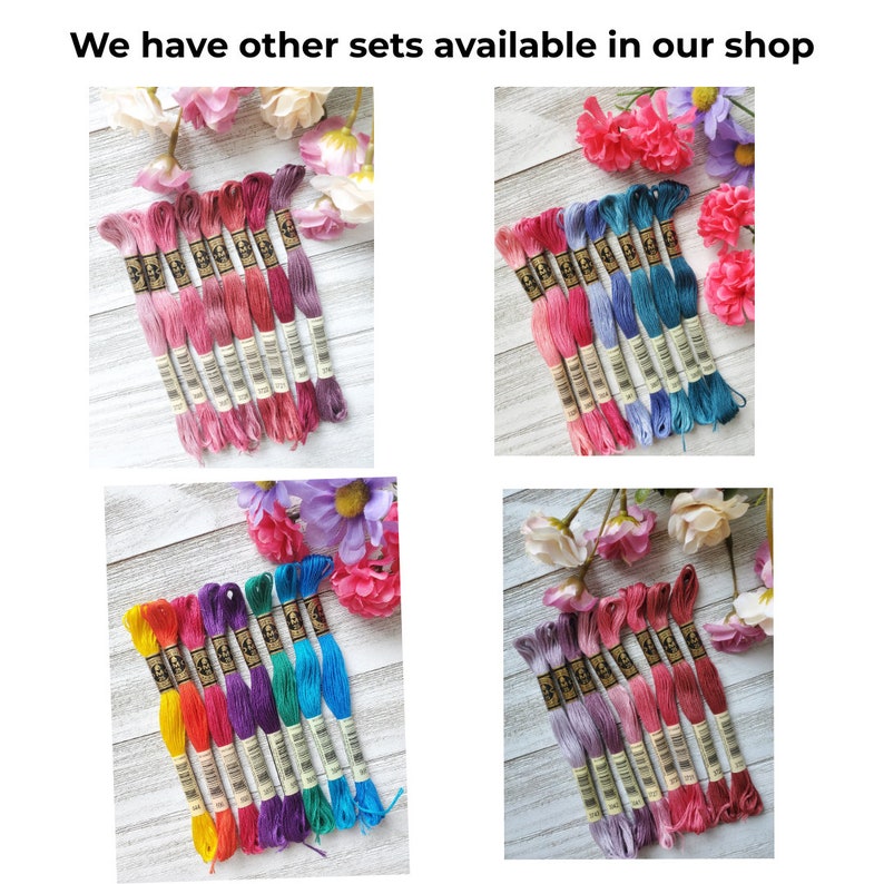 May include: Four sets of embroidery floss in various colors, including pink, blue, purple, and green. Each set contains 10 skeins of floss.